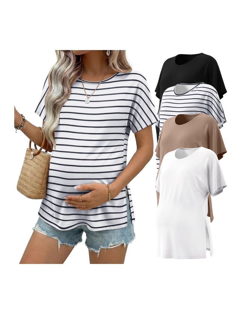 Maternity tunic top, short sleeves, black-and-white striped with curved hem