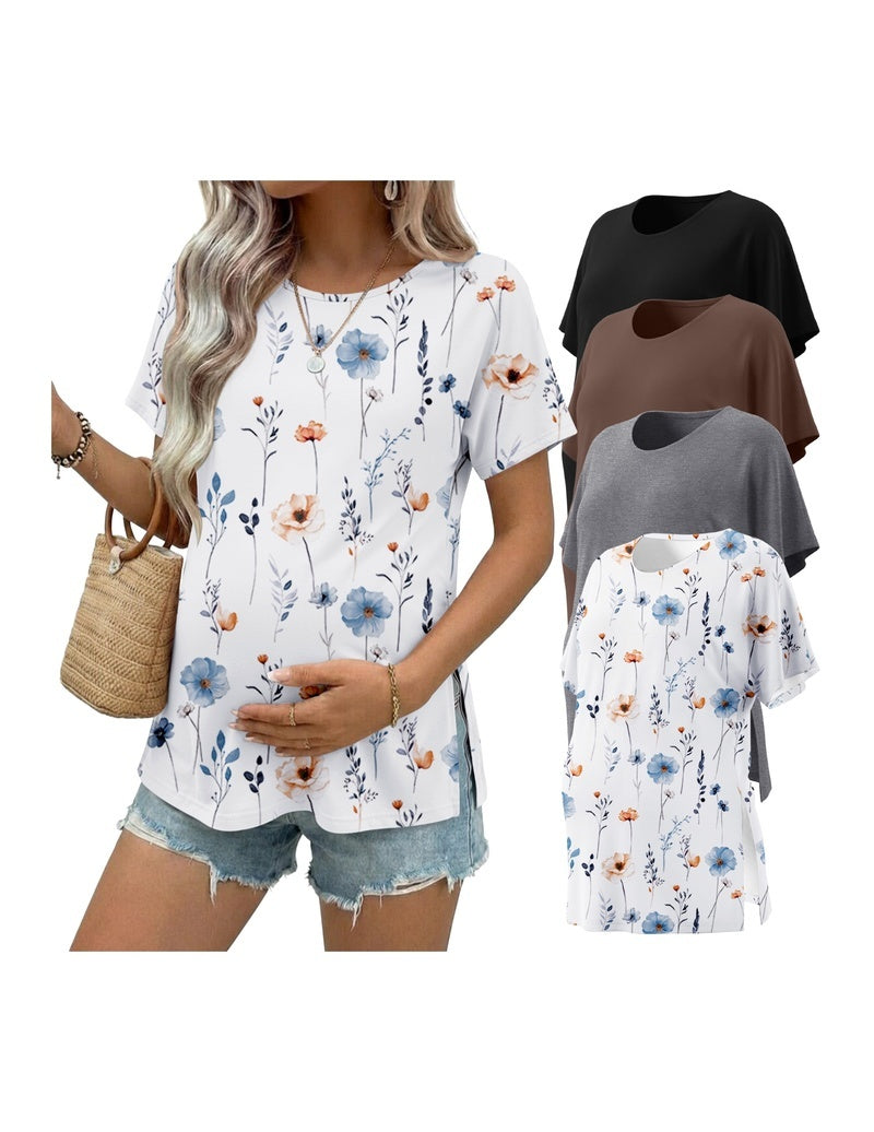 Maternity tunic top, short sleeves, white with blue and orange floral print