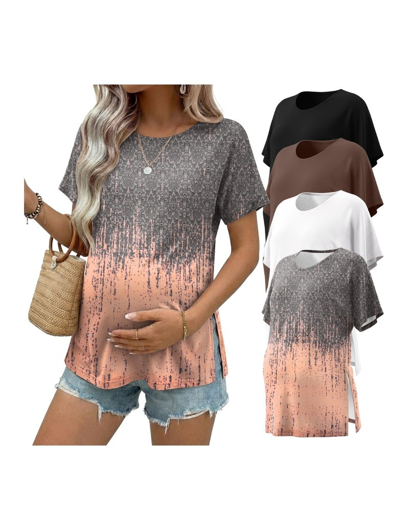 Maternity tunic top, short sleeves, dark speckled print with orange gradient effect