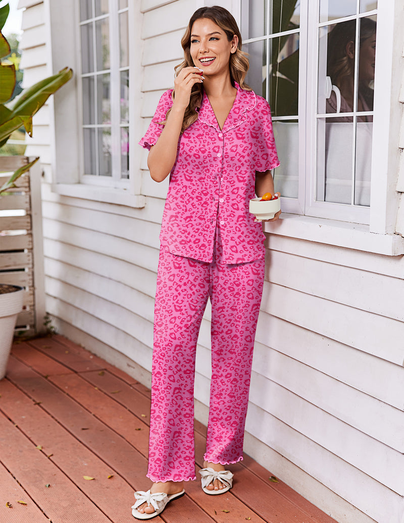 Pink leopard-print ruffle-sleeve button-up pajama set with matching pants