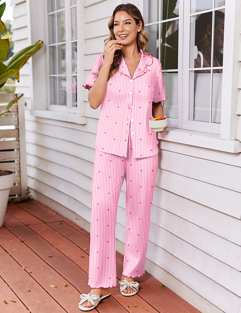 Pink pinstripe ruffle-sleeve button-up pajama set with matching long pants