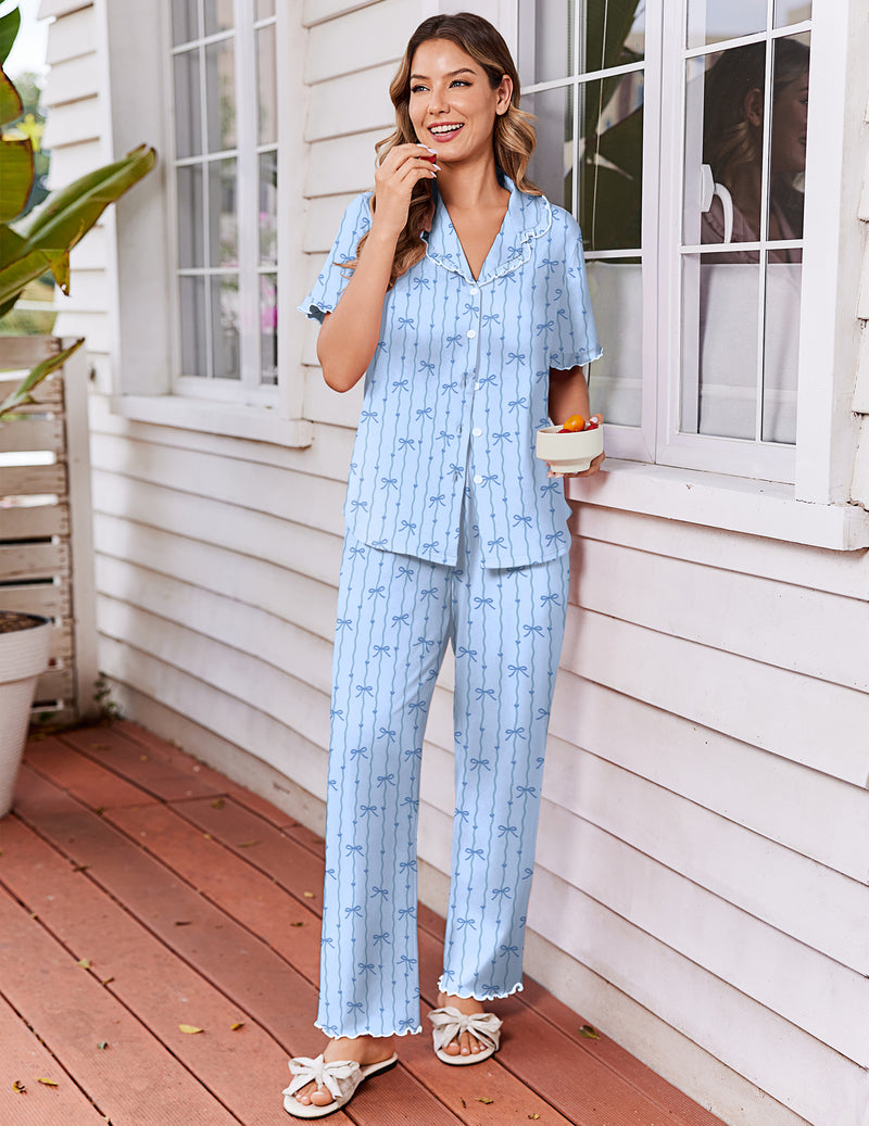 Light blue printed pajama set with ruffle short sleeves, V-neck button front, long pants