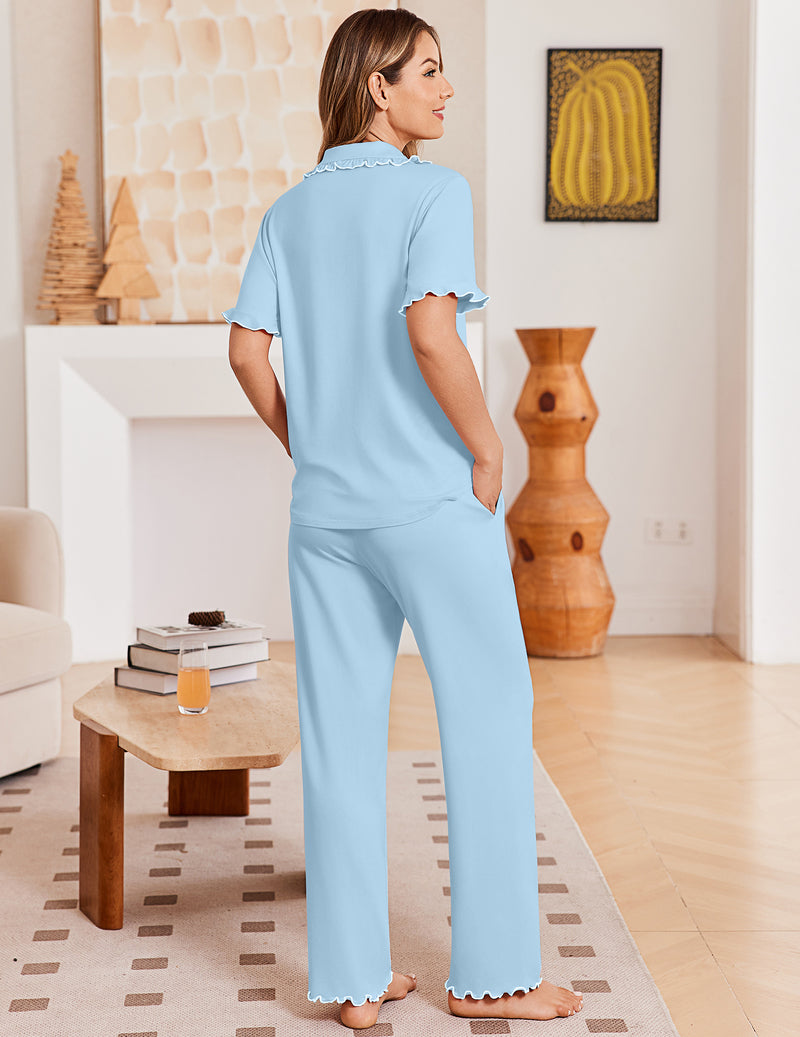 Light blue 2-piece pajama set, short-sleeve button shirt and wide-leg pants, back view