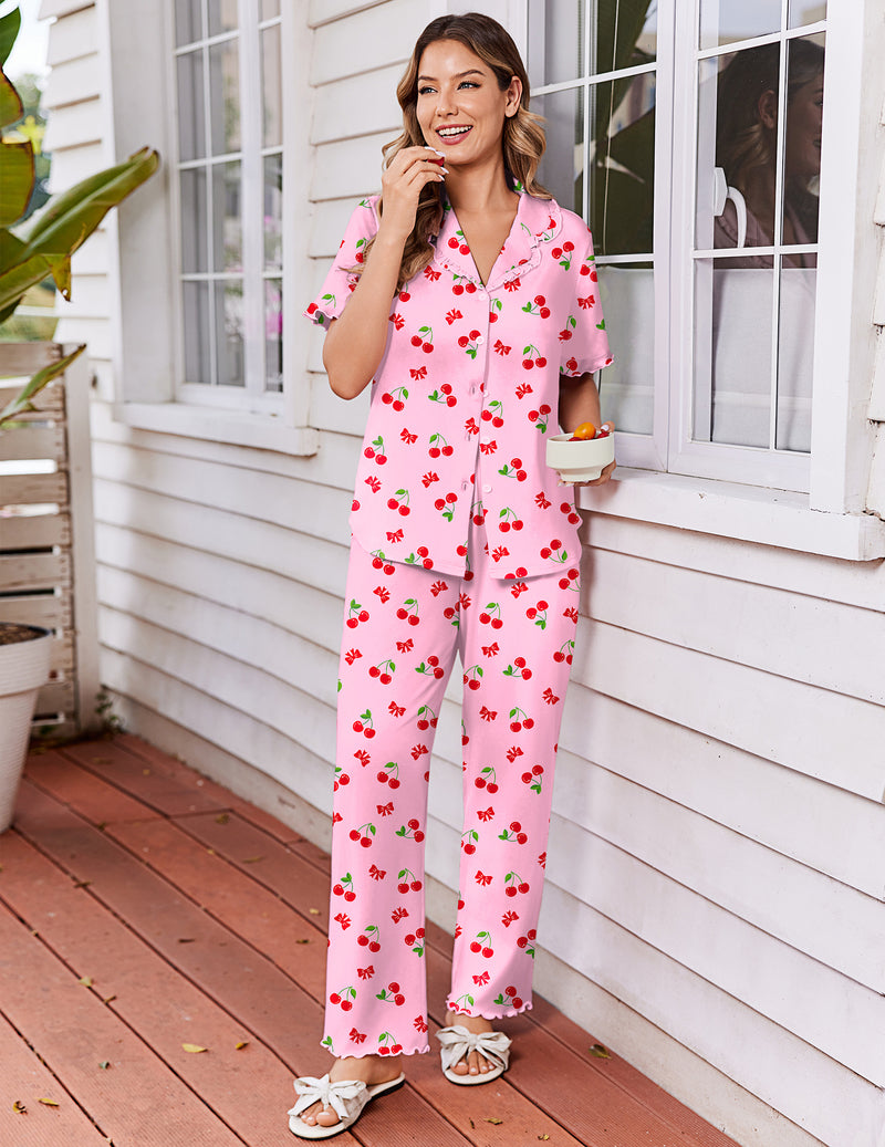 Pink printed 2-piece pajama set with ruffle sleeves, button-front top and wide-leg pants