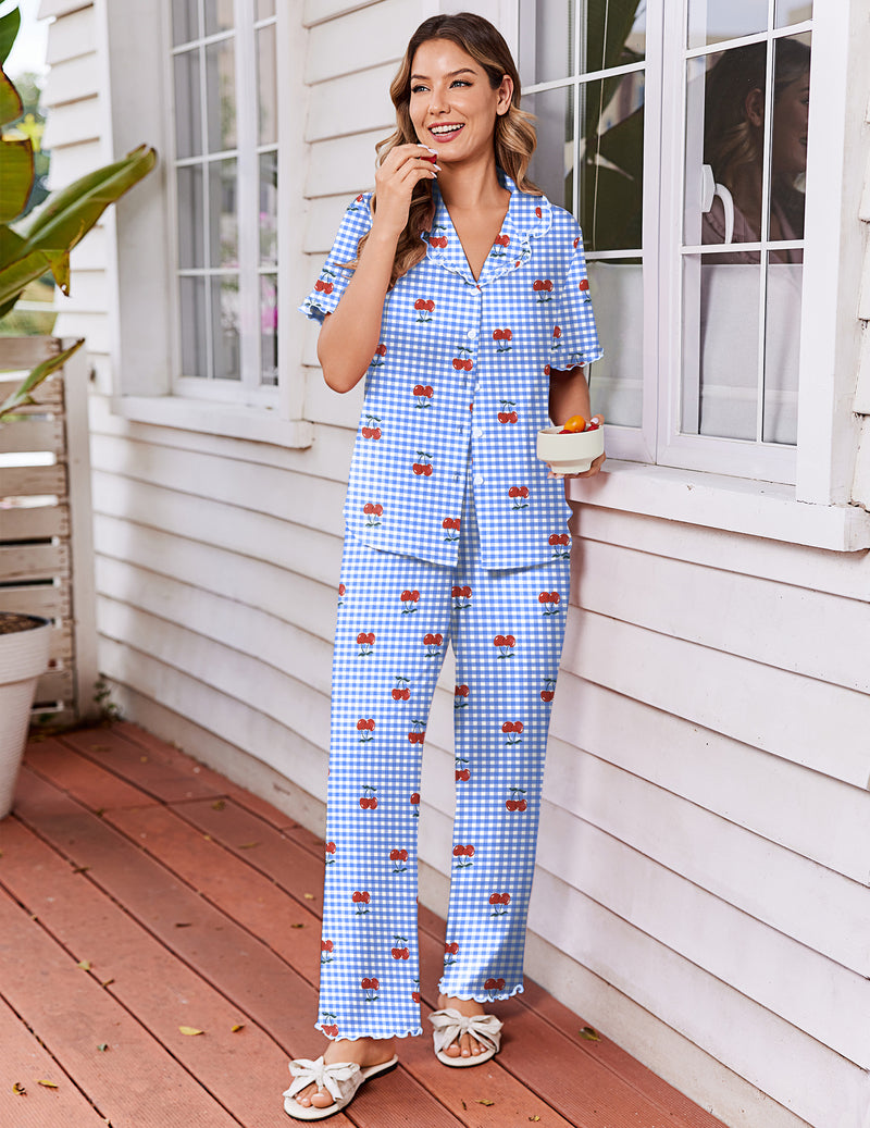 Blue printed pajama set with ruffle short sleeves, V-neck button front, long pants