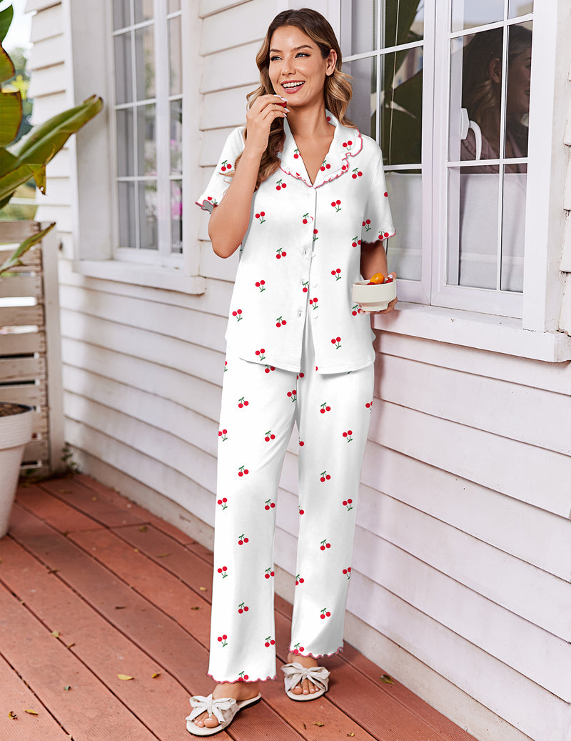 White 2-piece pajama set with red pattern, short ruffle sleeves, button-front top and pants