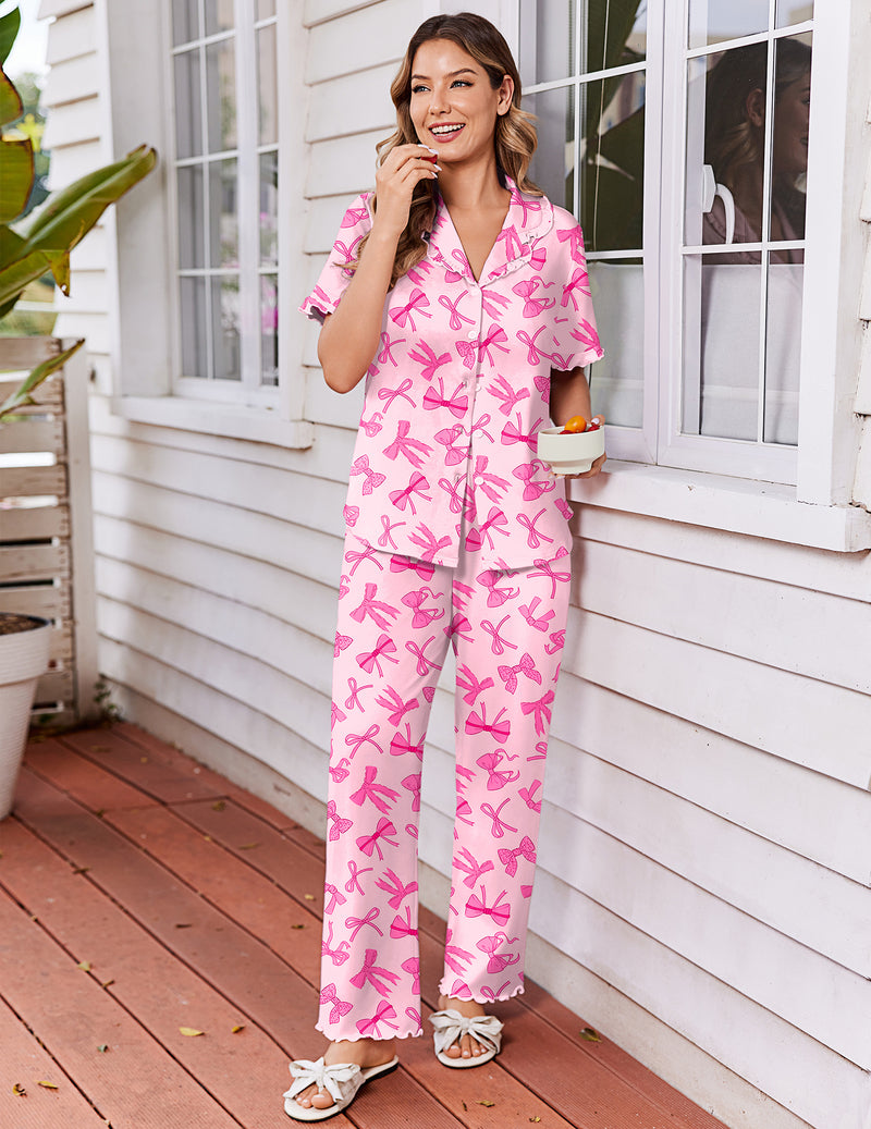Pink printed 2-piece pajama set with ruffle sleeves, button-front shirt and wide-leg pants