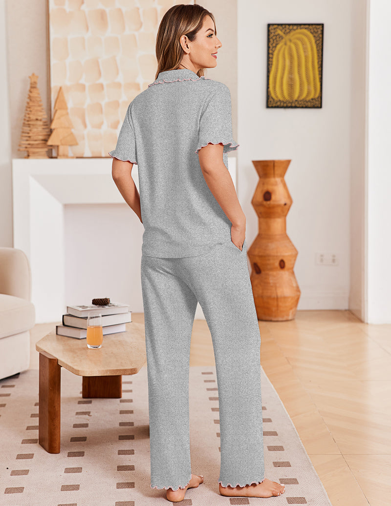 Gray 2-piece pajama set with short-sleeve button shirt and wide-leg pants, back view