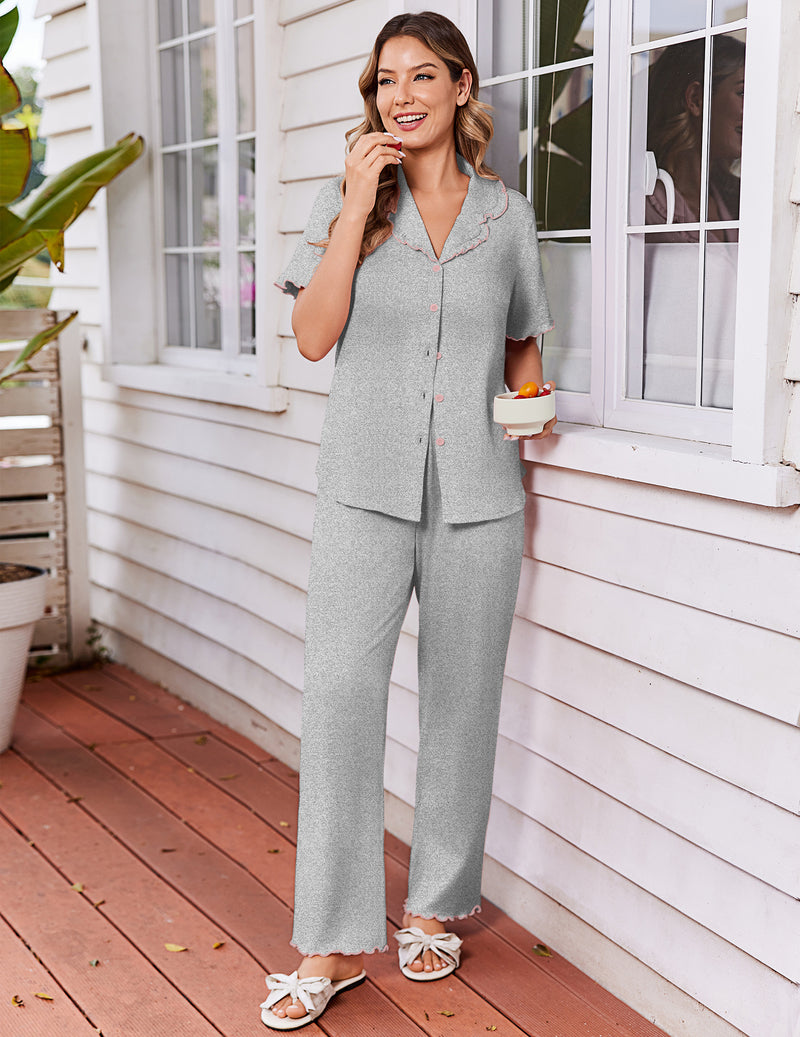Gray 2-piece pajama set with short ruffle sleeves, button-front top and wide-leg pants