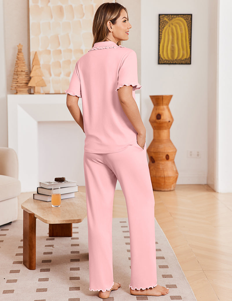 Pink 2-piece pajama set with short-sleeve button shirt and wide-leg pants, back view