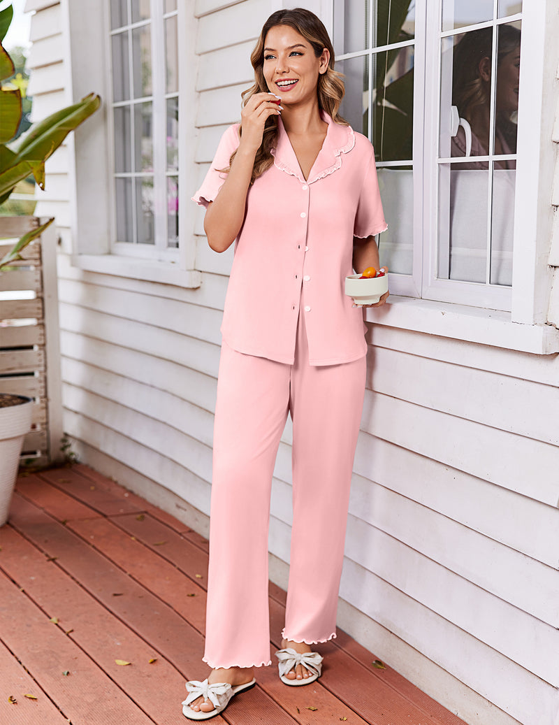 Pink ruffle-sleeve button-up pajama set with matching long pants