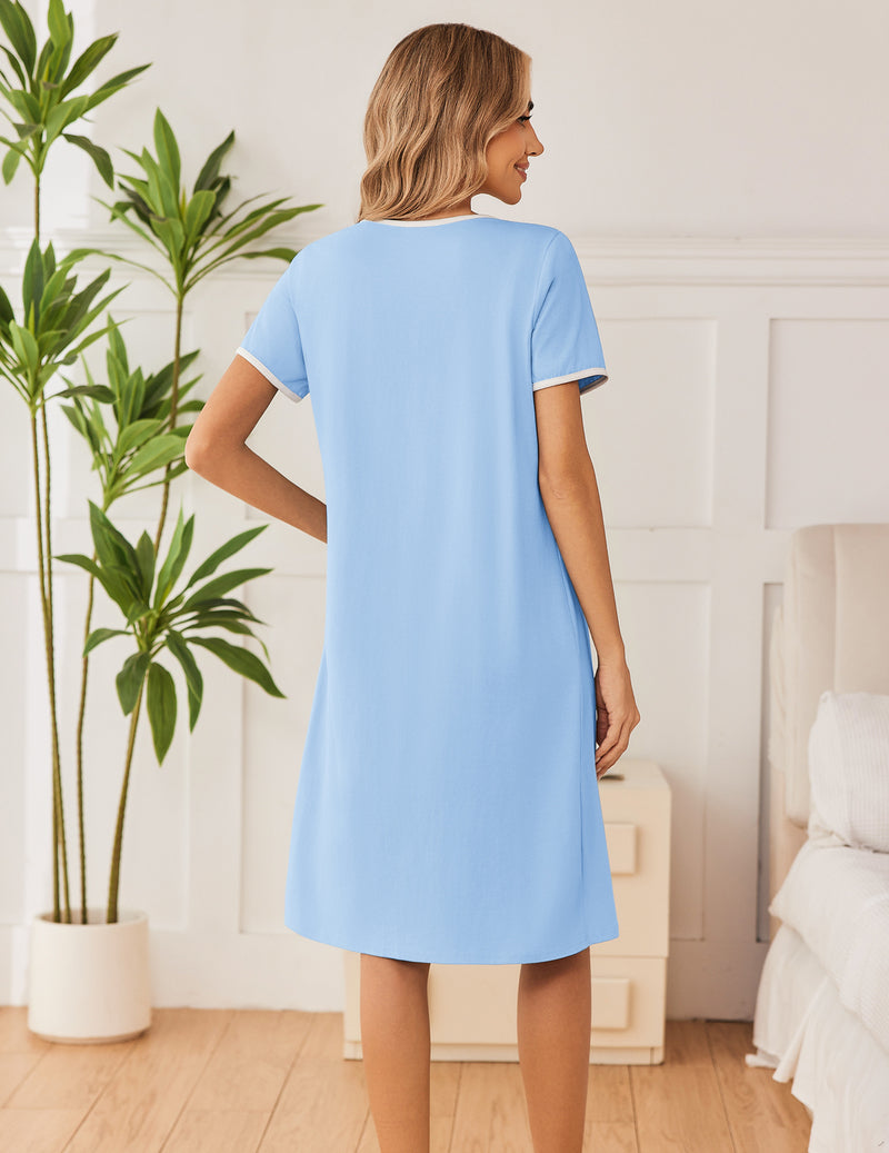 Light blue cotton nightgown, short sleeves, button-front look, knee length, relaxed fit