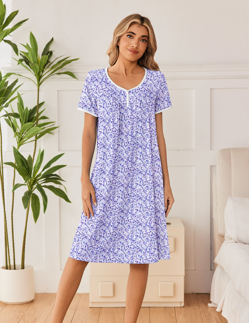 Purple floral cotton nightgown, V-neck short sleeves, gathered bodice, knee length