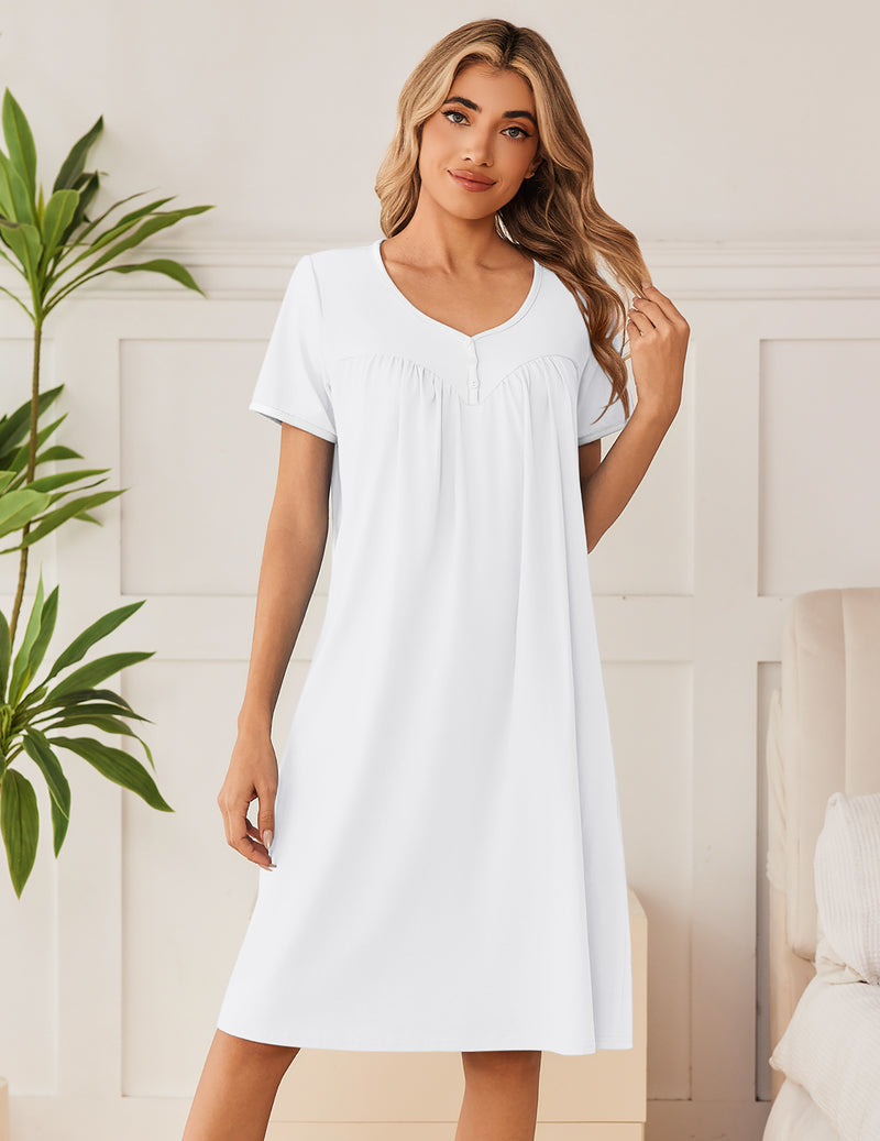 White cotton nightgown, V-neck short sleeves with gathered front, knee length