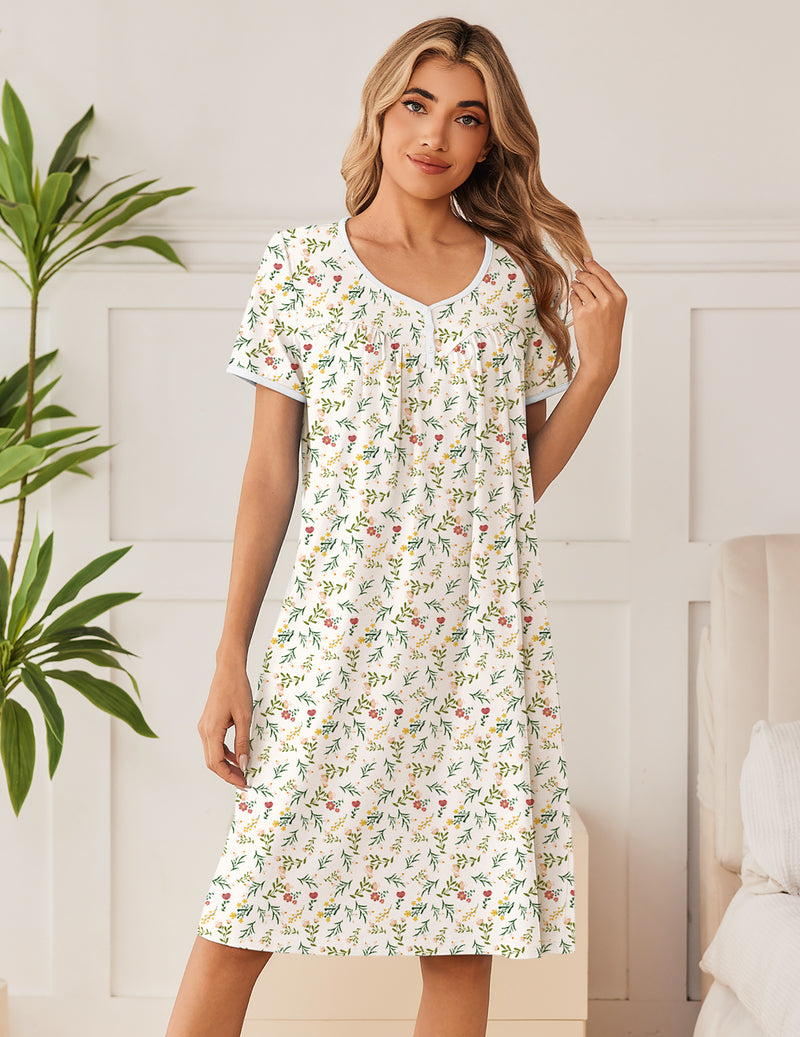 White floral cotton nightgown, V-neck short sleeves, gathered front, knee length