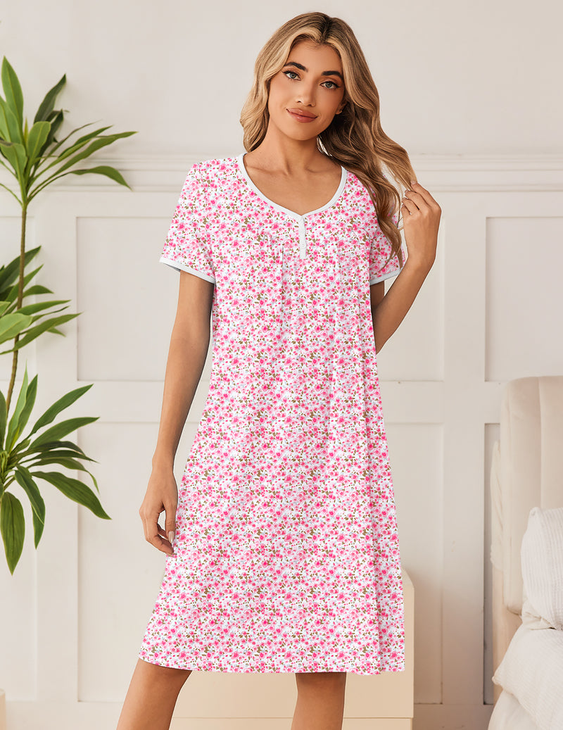 Pink floral cotton V-neck button short-sleeve nightgown dress
