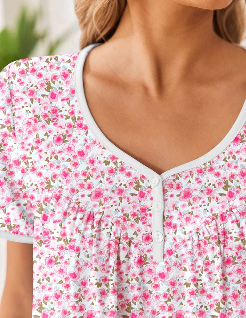 Pink floral cotton nightgown neckline with V-neck and button placket
