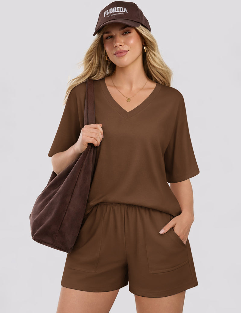 Brown short-sleeve v-neck pajama top with matching sleep shorts