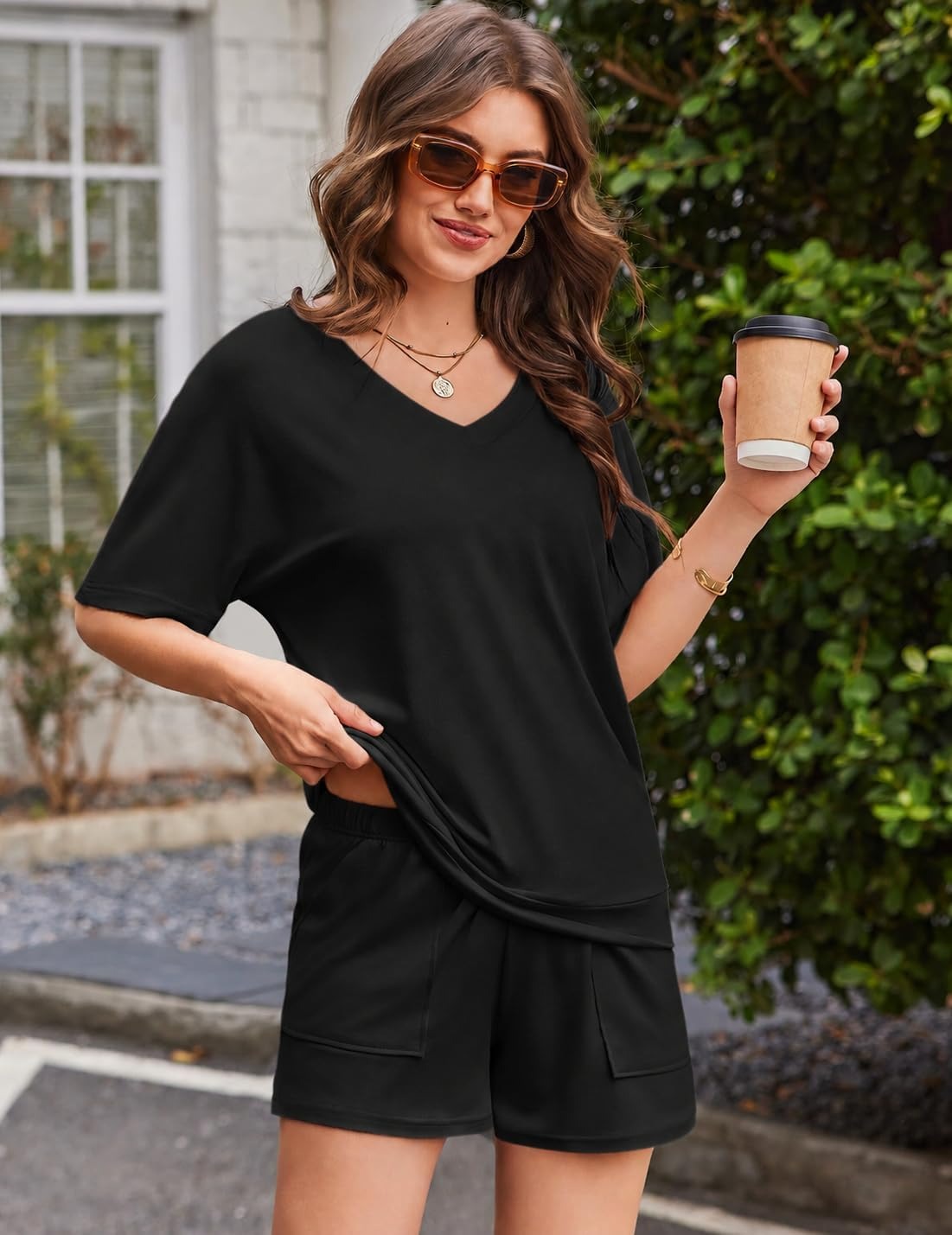 Ekouaer Short Sleeve V-Neck Top & Sleep Shorts Pajama Set