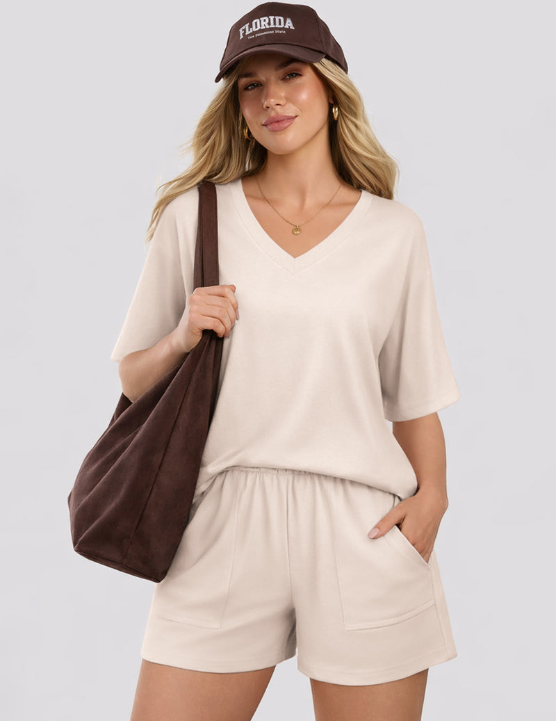 Cream short-sleeve v-neck pajama top and matching sleep shorts set