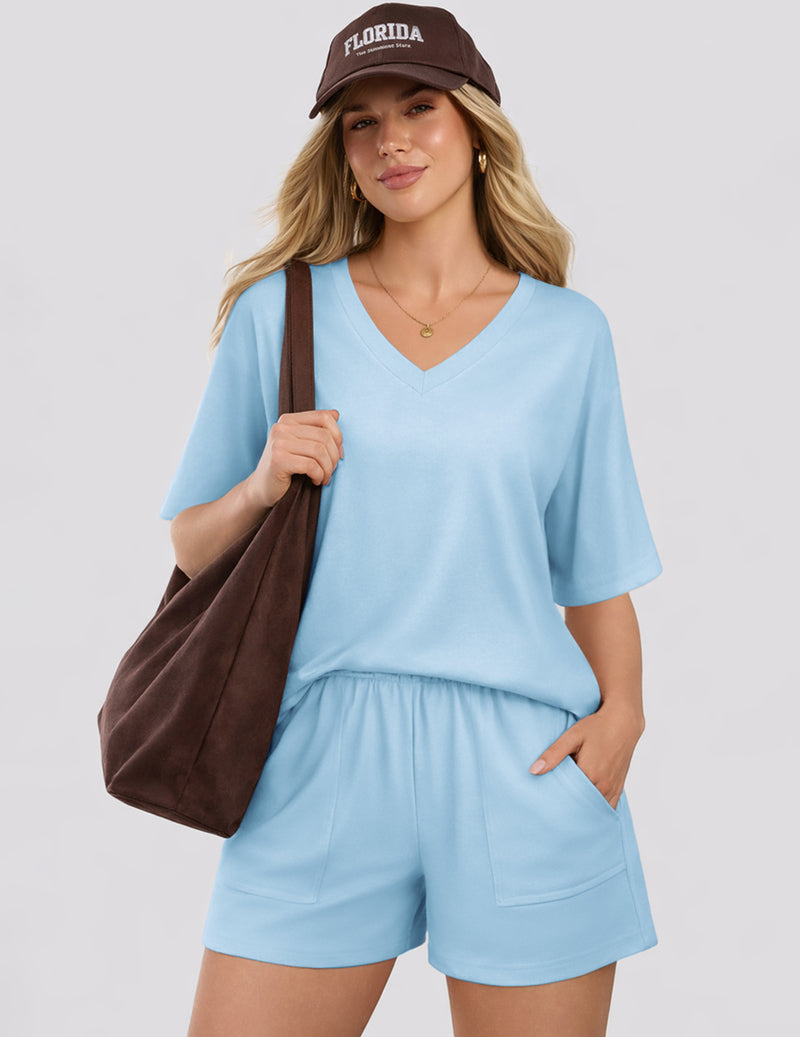 Light blue short-sleeve v-neck pajama top and matching sleep shorts set