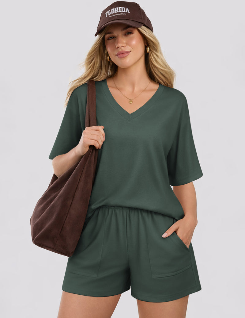 Dark green short-sleeve v-neck pajama top with matching sleep shorts