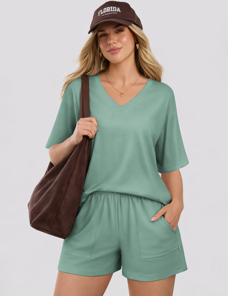 Mint green short-sleeve v-neck pajama top and sleep shorts set