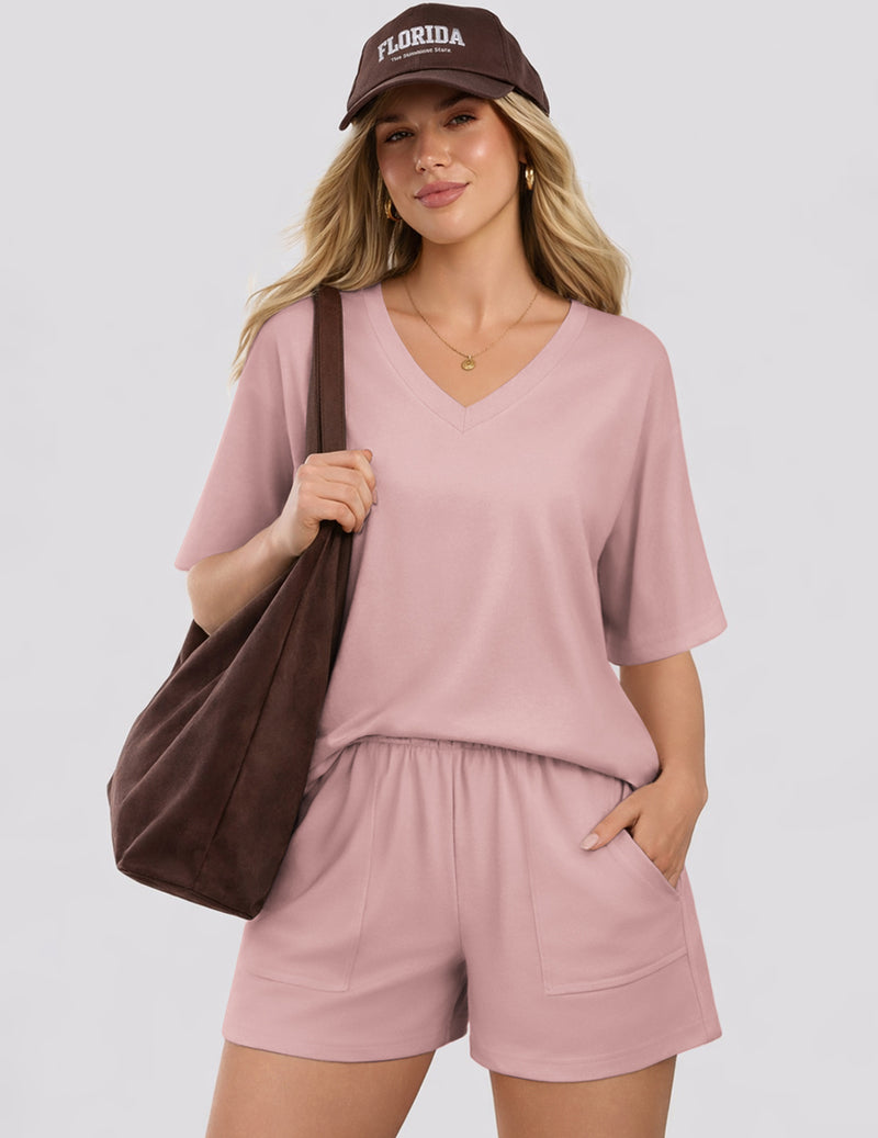 Pink short-sleeve V-neck pajama top and matching lounge shorts set