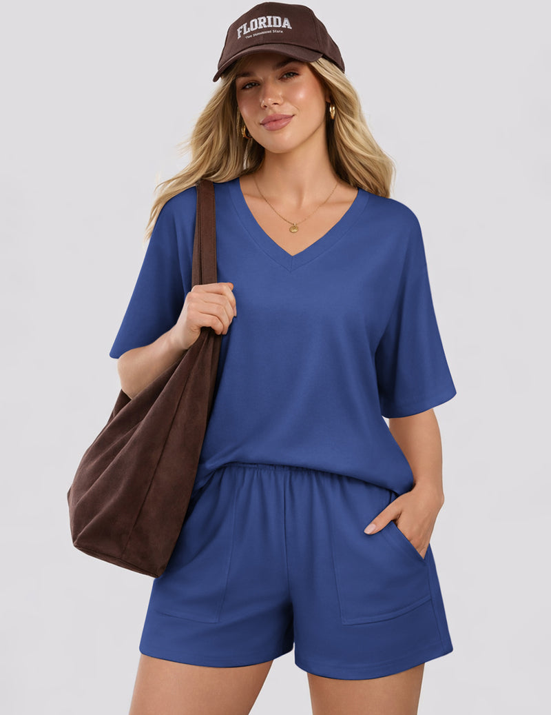 Blue short-sleeve V-neck pajama top with matching drawstring lounge shorts