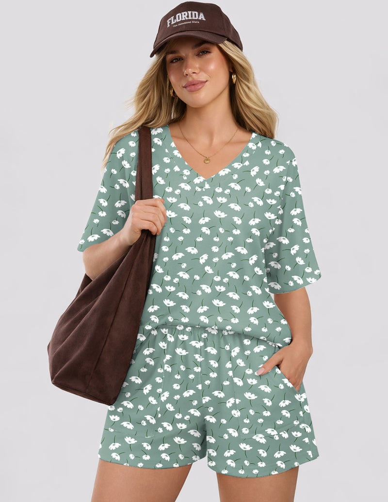 Green floral short-sleeve V-neck pajama top with matching lounge shorts