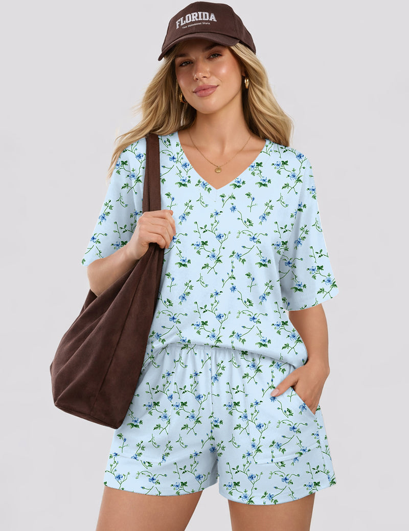 Light blue floral short-sleeve V-neck pajama top with matching lounge shorts