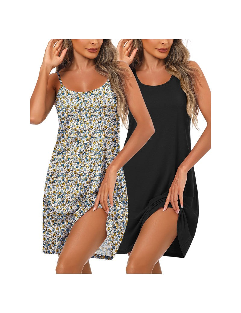 2-pack cotton chemise sleep shirts: yellow/blue floral and black solid