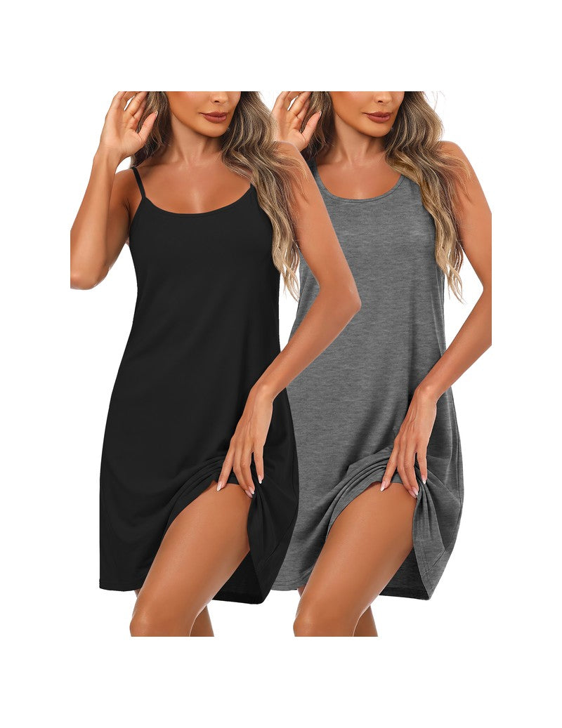 2-pack cotton sleeveless chemise sleep shirts, black and dark gray solid