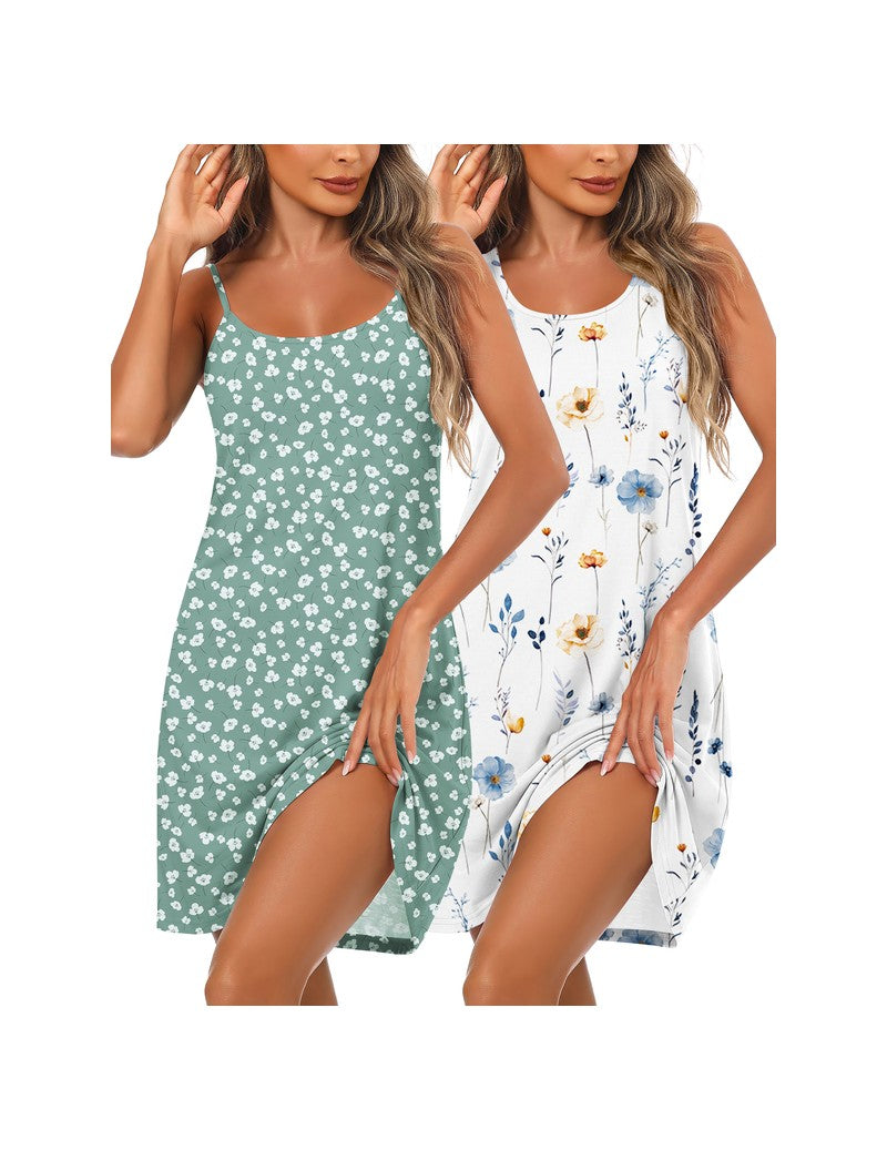 2-pack cotton sleeveless chemise sleep shirts, green floral and white blue floral
