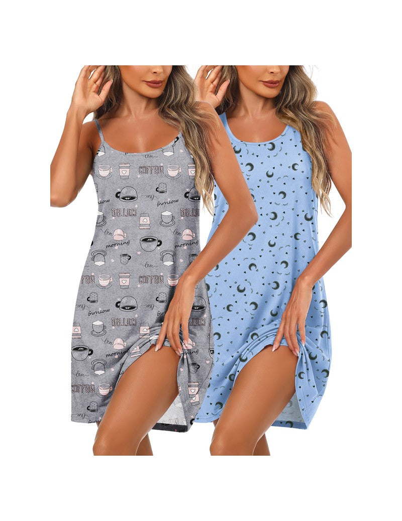 2-pack cotton chemise sleep shirts: grey cartoon and blue moon print
