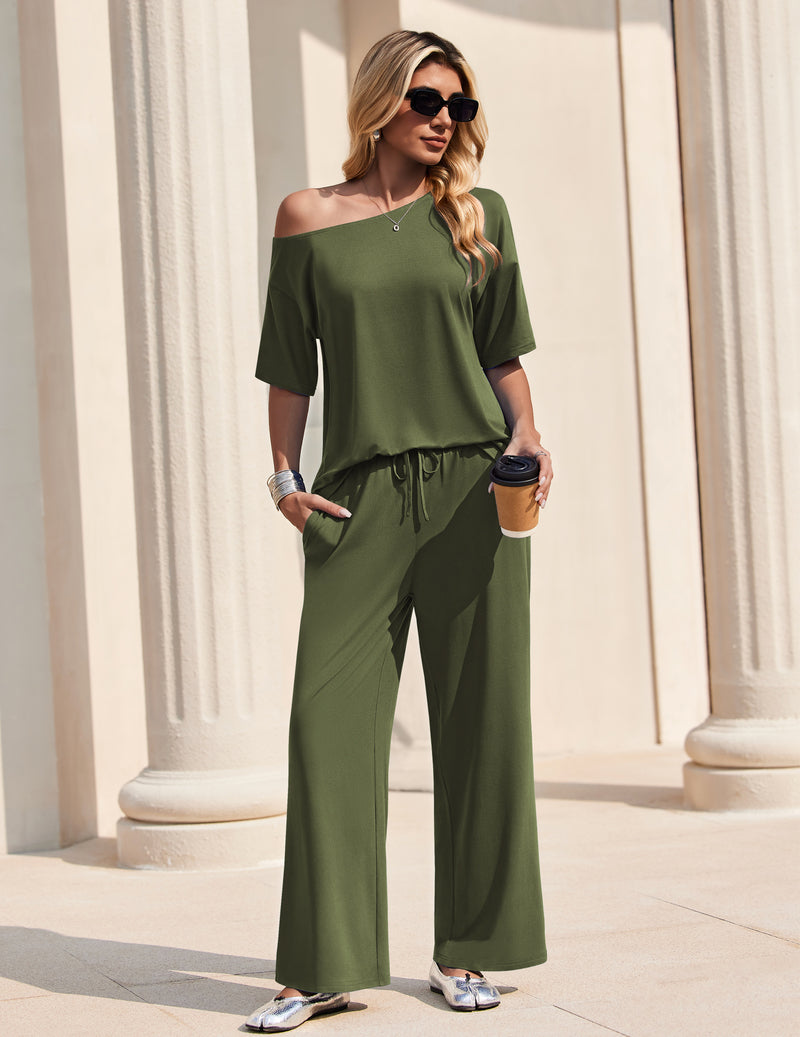 Green off-shoulder lounge set with draped short-sleeve top and wide-leg long pants