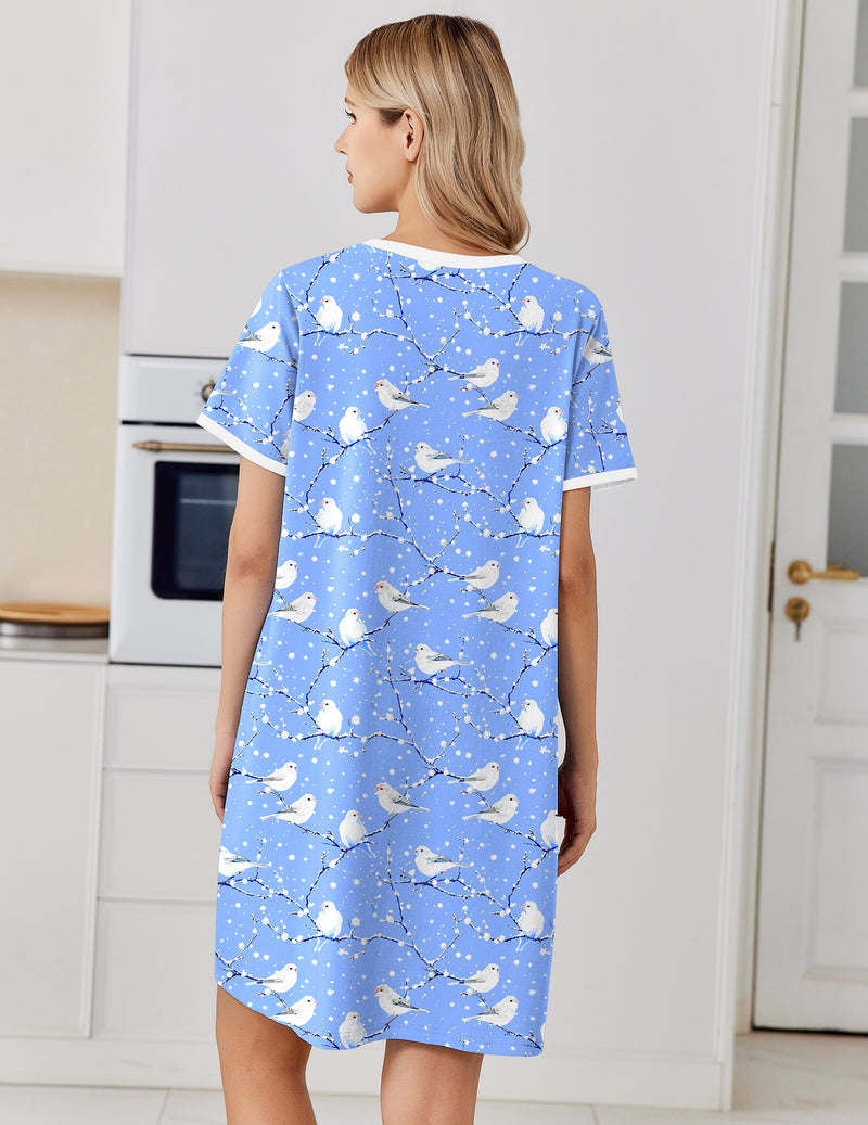 Women's cotton short-sleeve nightgown, blue bird print, back view with straight hem