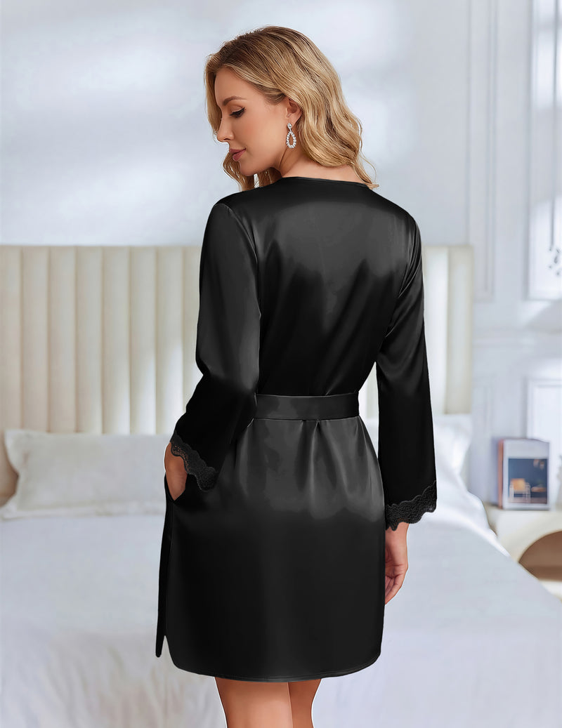 Back view satin bridal kimono robe in black with 3/4 sleeves and waist belt