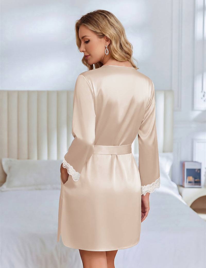 Back view satin bridal kimono robe in light champagne with 3/4 sleeves and belt