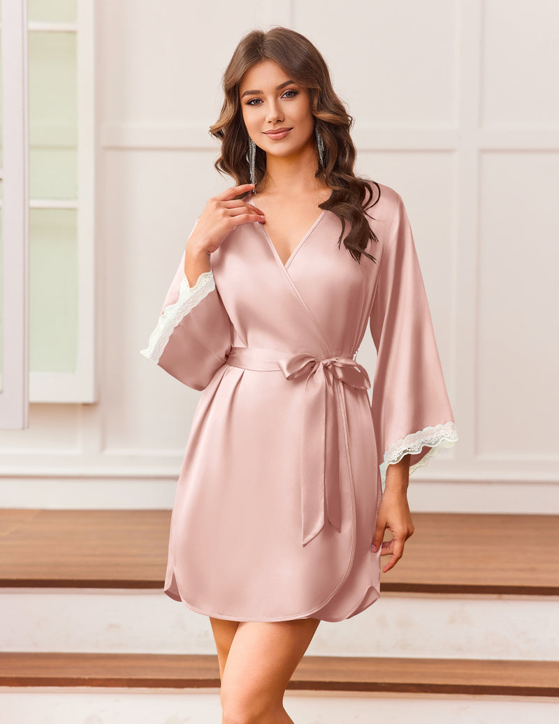 Satin bridal kimono robe with lace-trim 3/4 sleeves, V-neck, dusty pink tie belt