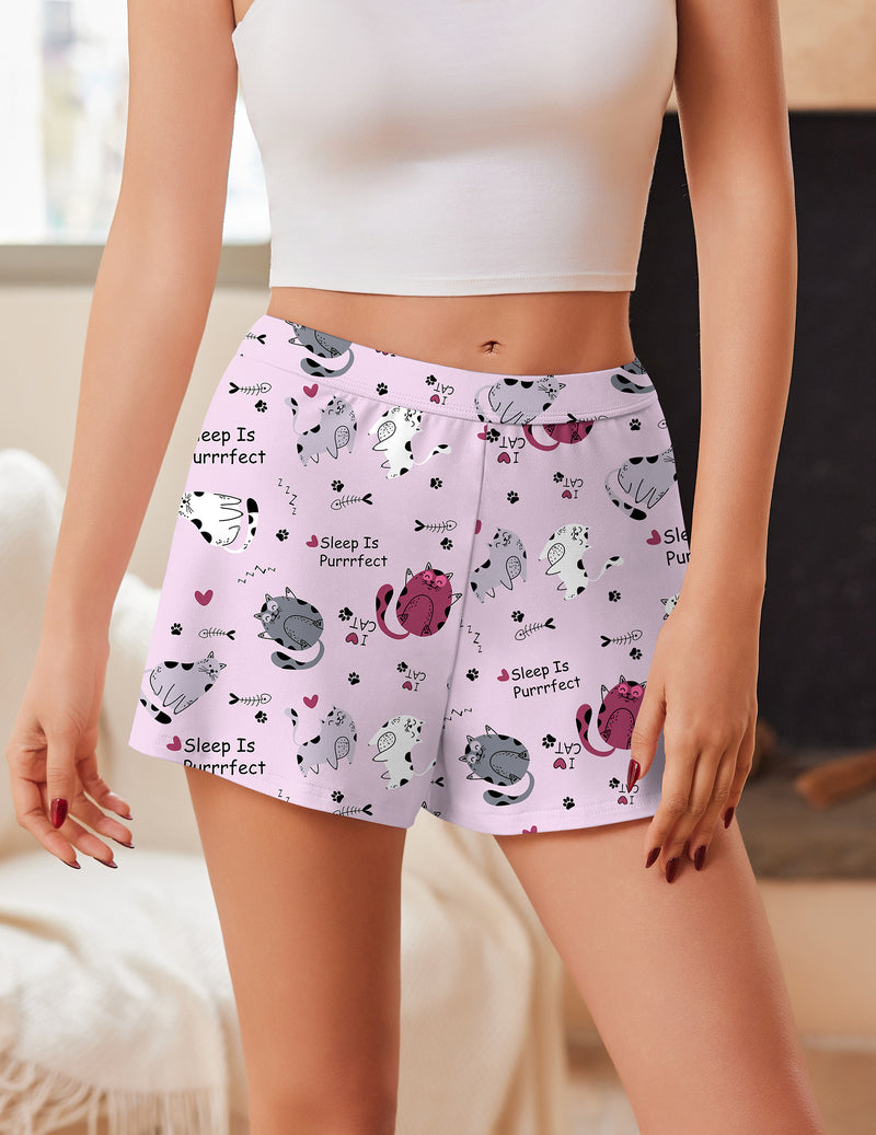 Lavender cat print sleep shorts with elastic waistband