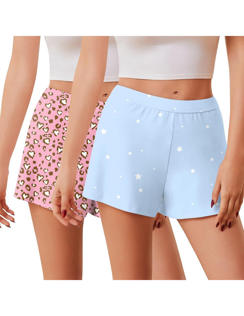 2-pack sleep shorts with elastic waist, pink leopard hearts and light blue stars