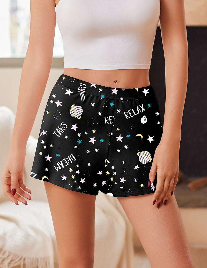 Sleep shorts with elastic waist, black star print and colorful text