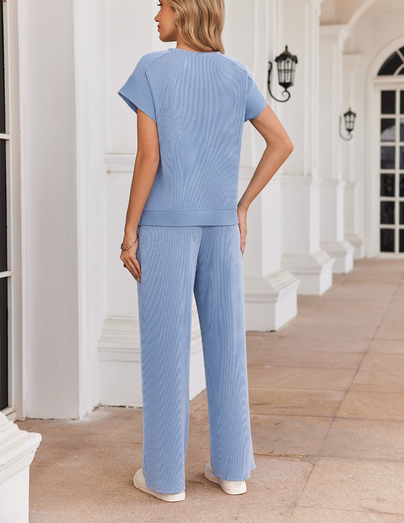 Light blue ribbed short-sleeve top and wide-leg pants set, matching two-piece lounge set.