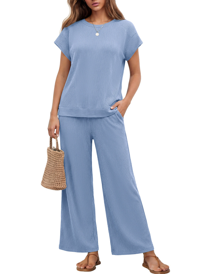 Ribbed short-sleeve top and wide-leg pants set, powder blue, round neck, wide-leg pants