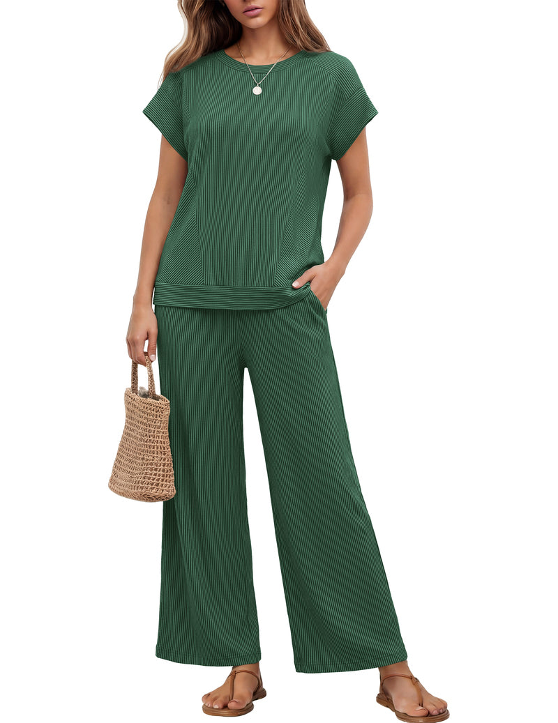 Ribbed short-sleeve top and wide-leg pants set, dark green, round neck, wide-leg pants
