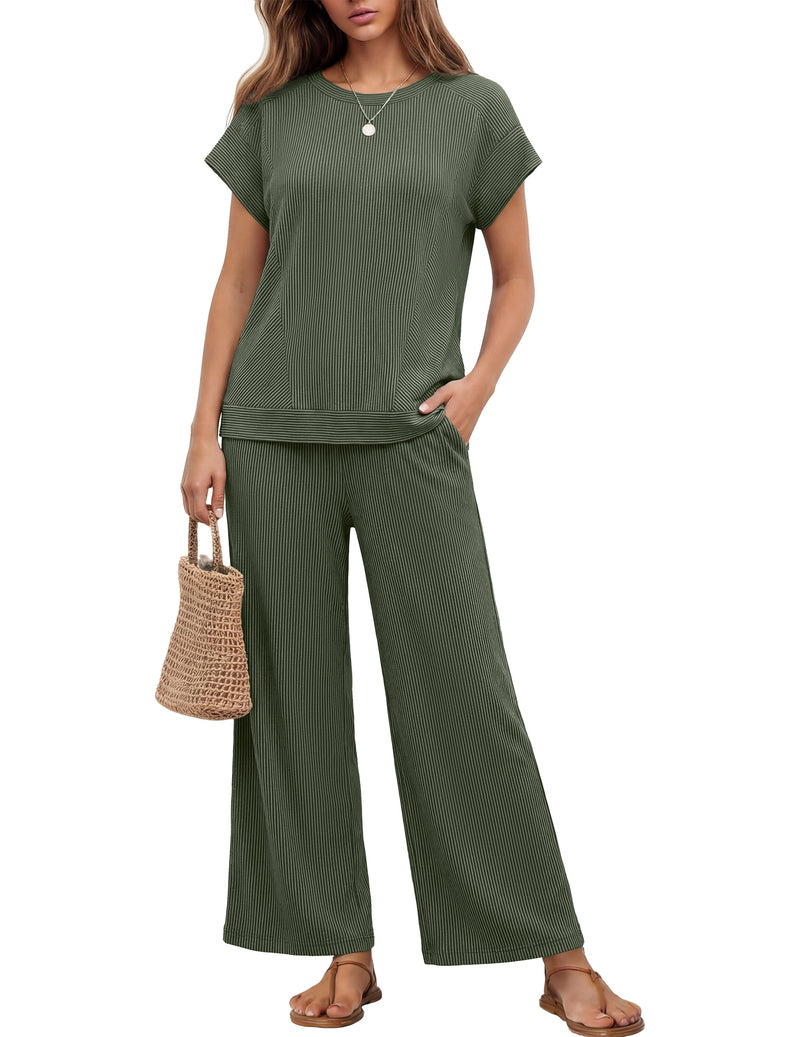 Olive green ribbed short-sleeve top and wide-leg pants set, matching two-piece outfit.