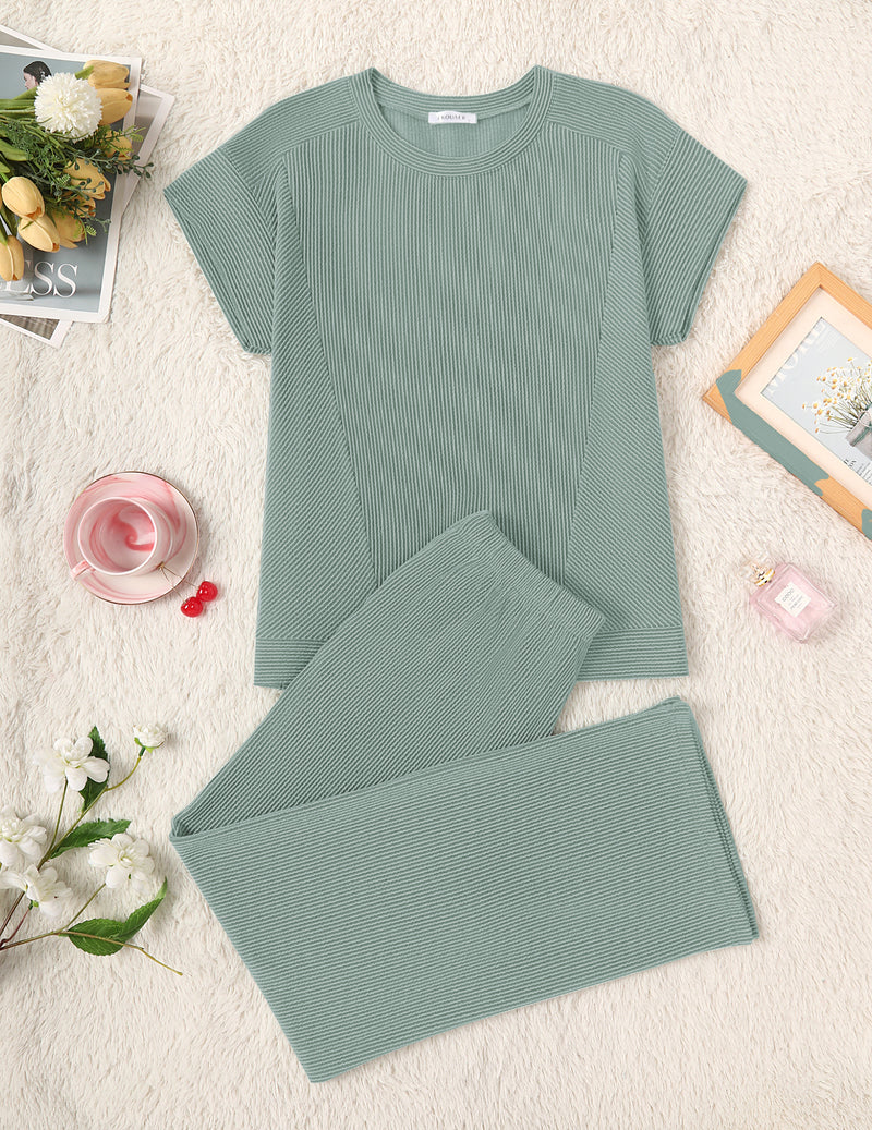 Sage green ribbed short-sleeve top paired with matching wide-leg pants, two-piece set.