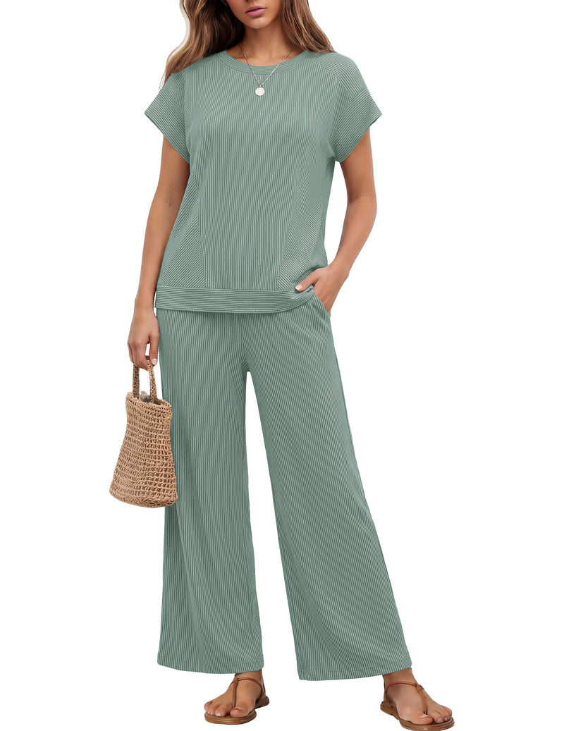 Ribbed short-sleeve top and wide-leg pants set, sage green, round neck, wide-leg pants