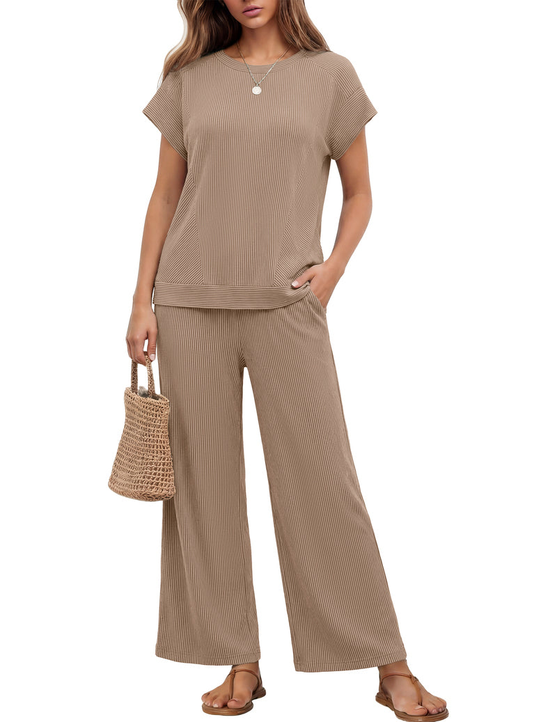 Ribbed short-sleeve top and wide-leg pants set, light khaki, round neck, wide-leg pants